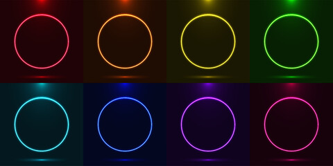 Set of neon glowing circles on black background. Geometric shape with copy space for banner, poster, advertising. Colorful bright glowing neon lights. Futuristic graphic element. Vector illustration