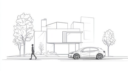 Modern house sketch, pedestrian, car, urban planning