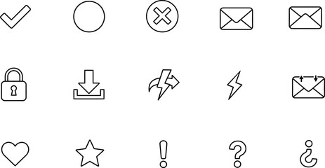 Set of 15 Outline Icons (Check, Circle, X, Mail, Lock, Download, More)
Simple Line Icon Collection (Various Symbols)
Basic Outline Icon Set (Checkmark, Mail, Heart, Star, Question)