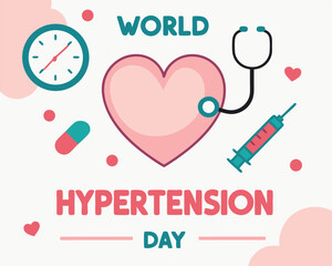 Pink Heart with Medical Tools for World Hypertension Day Awareness.