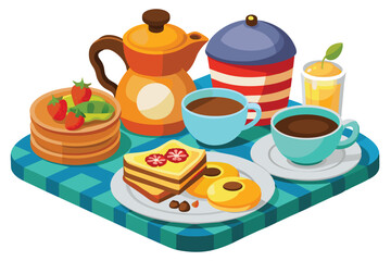 This breakfast includes stacks of pancakes alongside fresh strawberries, cups of coffee and tea, and a refreshing juice, all beautifully arranged for a morning meal.