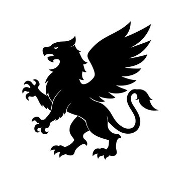 Griffin mythical creature heraldic animal winged beast vector illustration art . silhouette on white background.