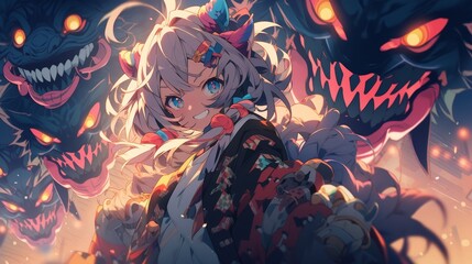 Fototapeta premium Brave Girl Conquering Oni: Anime Fantasy Art