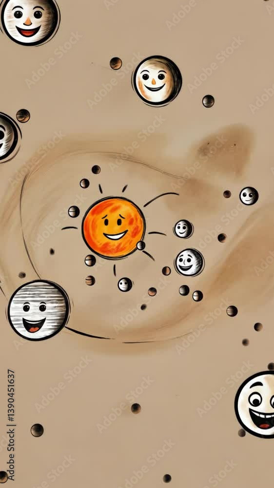 Aufkleber A drawing of a sun with a smiling face and a smiling face with a sun. There are other faces in the background