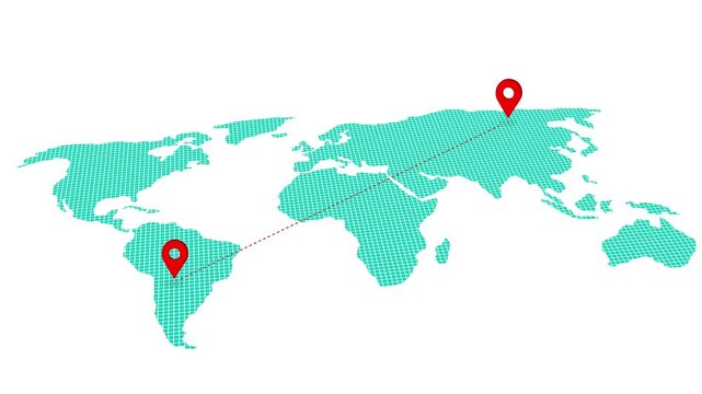 Airplane line path animation on global maps, Travel on airplane location map, Traveling airplane from one location to another location concept, concept of airplane travel on world maps