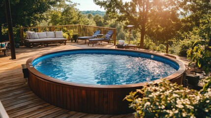 Serene Backyard with Round Wooden Pool Surrounded by Lush Greenery and Sunlit Patio Furniture