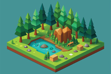 Fototapeta premium This vibrant setting features a charming cabin beside a winding stream, framed by tall pine trees and rocky terrain, creating a picturesque natural retreat.