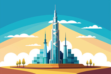 Obraz premium This artwork depicts a stunning futuristic skyline featuring tall, sleek skyscrapers under a bright blue sky with fluffy white clouds, showcasing innovative architecture.