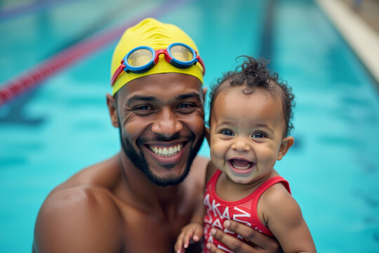 Young african man with his little baby in swimming pool. AI generated