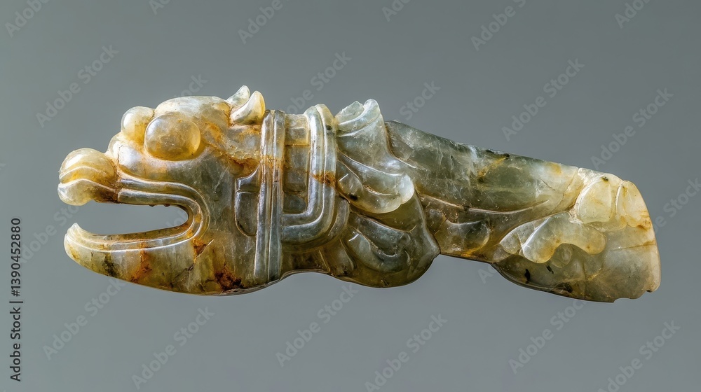 Poster carved jade object depicting a mythical creature with a open mouth