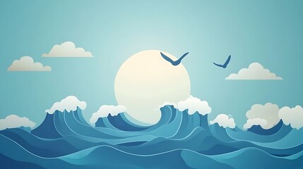 Fototapeta premium Paper art ocean waves, sun, and birds.
