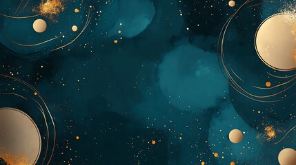 Teal, gold abstract art background with circles and glitter.