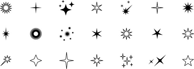 Minimalist silhouette stars icon set, twinkle shining star shape symbols, icons, elements. Modern geometric sparkle black silhouettes sign