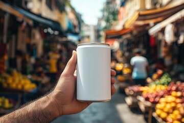 Exploring flavors in a vibrant market while holding a can of mystery drink