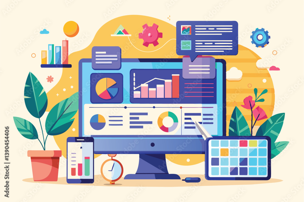 Poster a lively digital workspace showcases colorful charts and graphs on multiple screens, complemented by