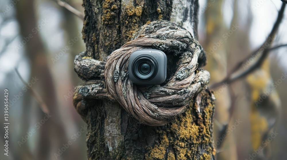 Poster a small camera secured to the trunk of a tree in forest