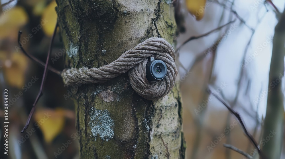 Poster a small camera is secured to a tree trunk with rope