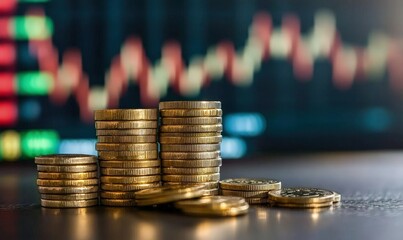 Stacks of gold coins in front of a blurry stock market chart with colorful candlesticks, ideal for financial growth, investment, savings, or economic concept visuals