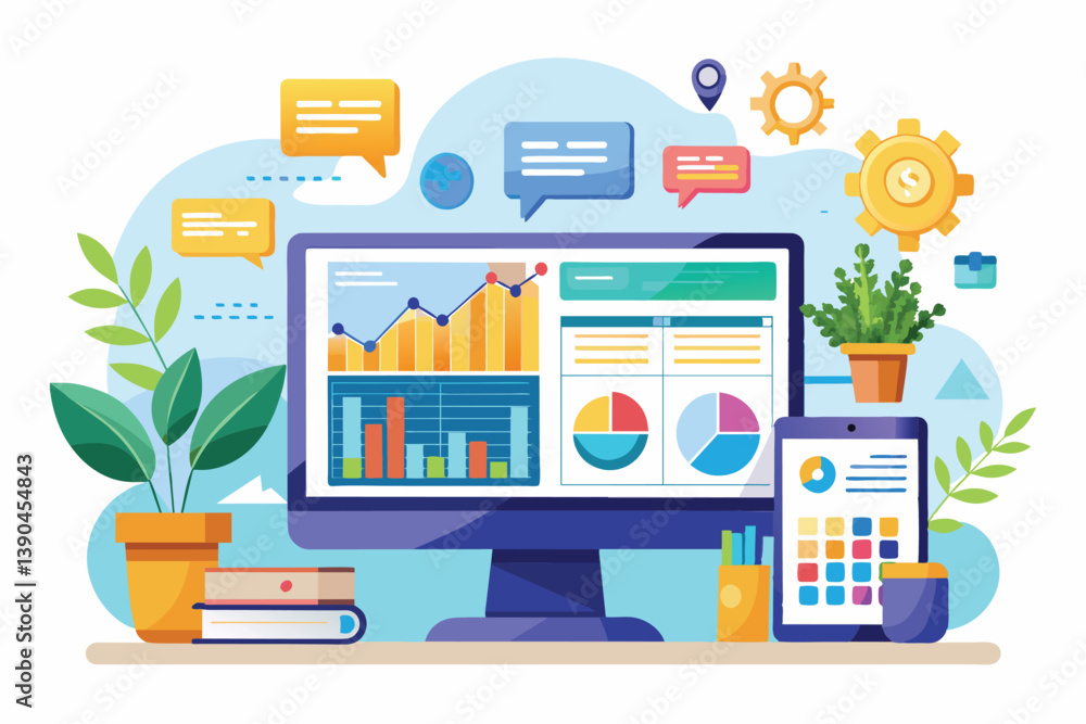 Poster a modern workspace showcases a computer with vibrant graphs and charts, complemented by greenery and