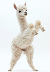 Obraz premium alpaca , stand up by two legs and funny dance , smile, realistic , full body, natural light, full hd 8K, white isolated background,