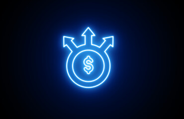 Business icon. Arrow, dollar sign, circle. Neon Business icon.