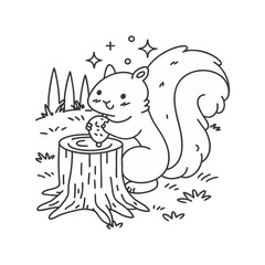 Naklejka premium Minimal vector illustration of a cute squirrel eating on a tree stump with sparkles, capturing woodland charm and autumn forest vibes.