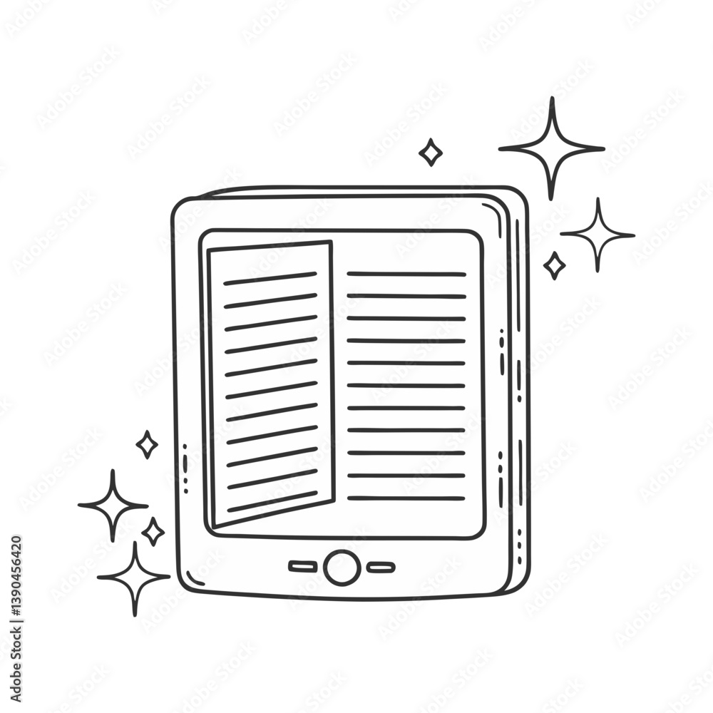 Poster minimal vector illustration of an e-reader with sparkles, symbolizing digital reading, modern learni