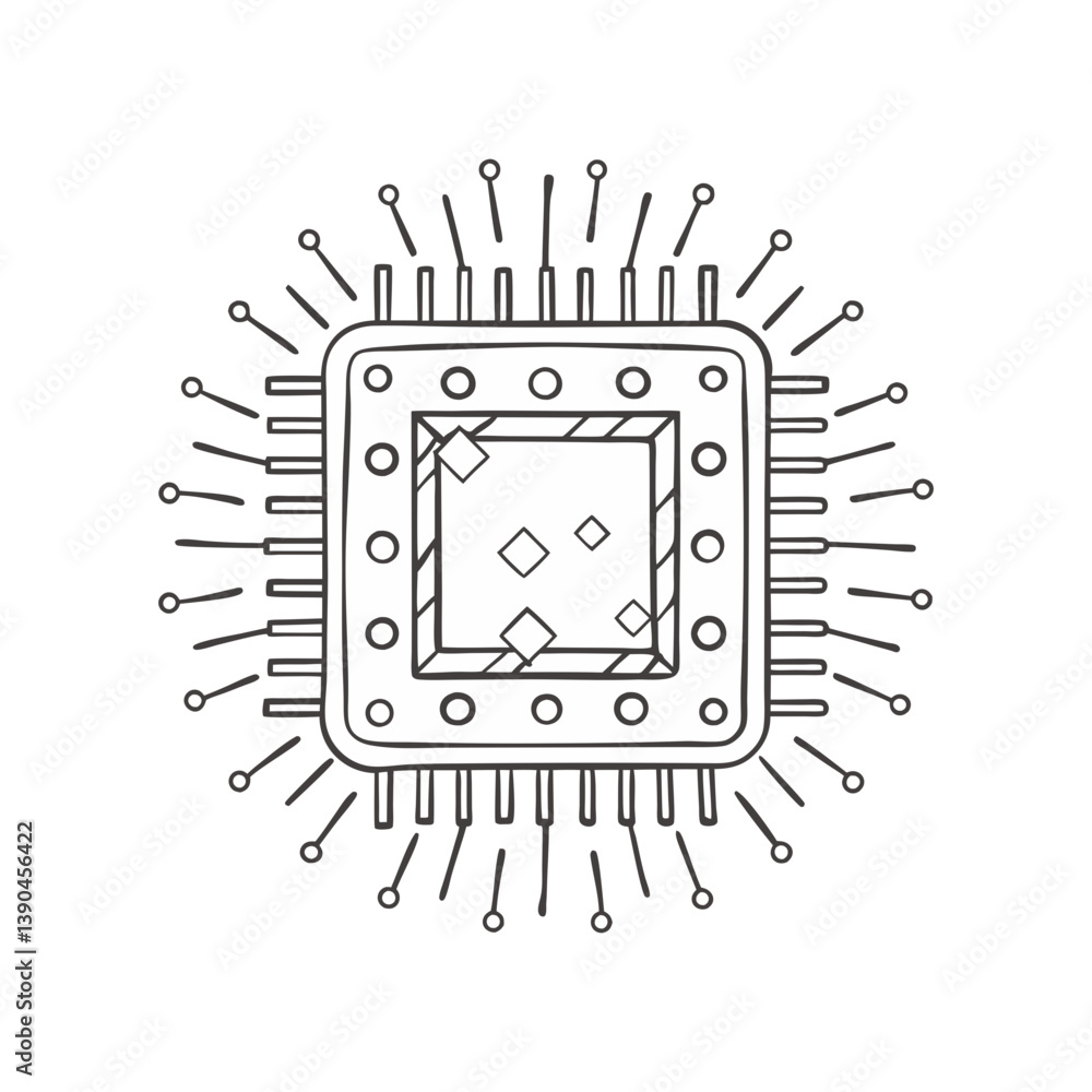 Poster minimal vector illustration of a microchip with geometric accents, representing technology, computin