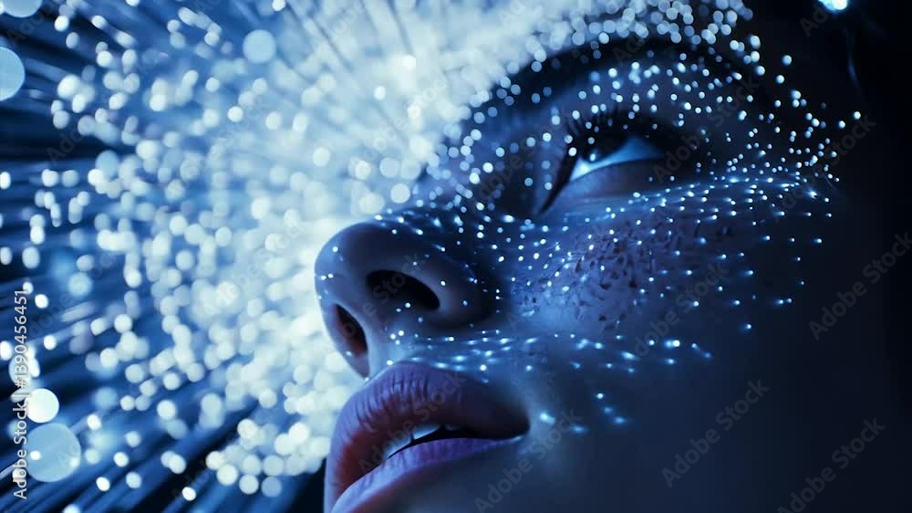 Poster close-up of a face illuminated by glowing fibers, creating a futuristic, ethereal effect