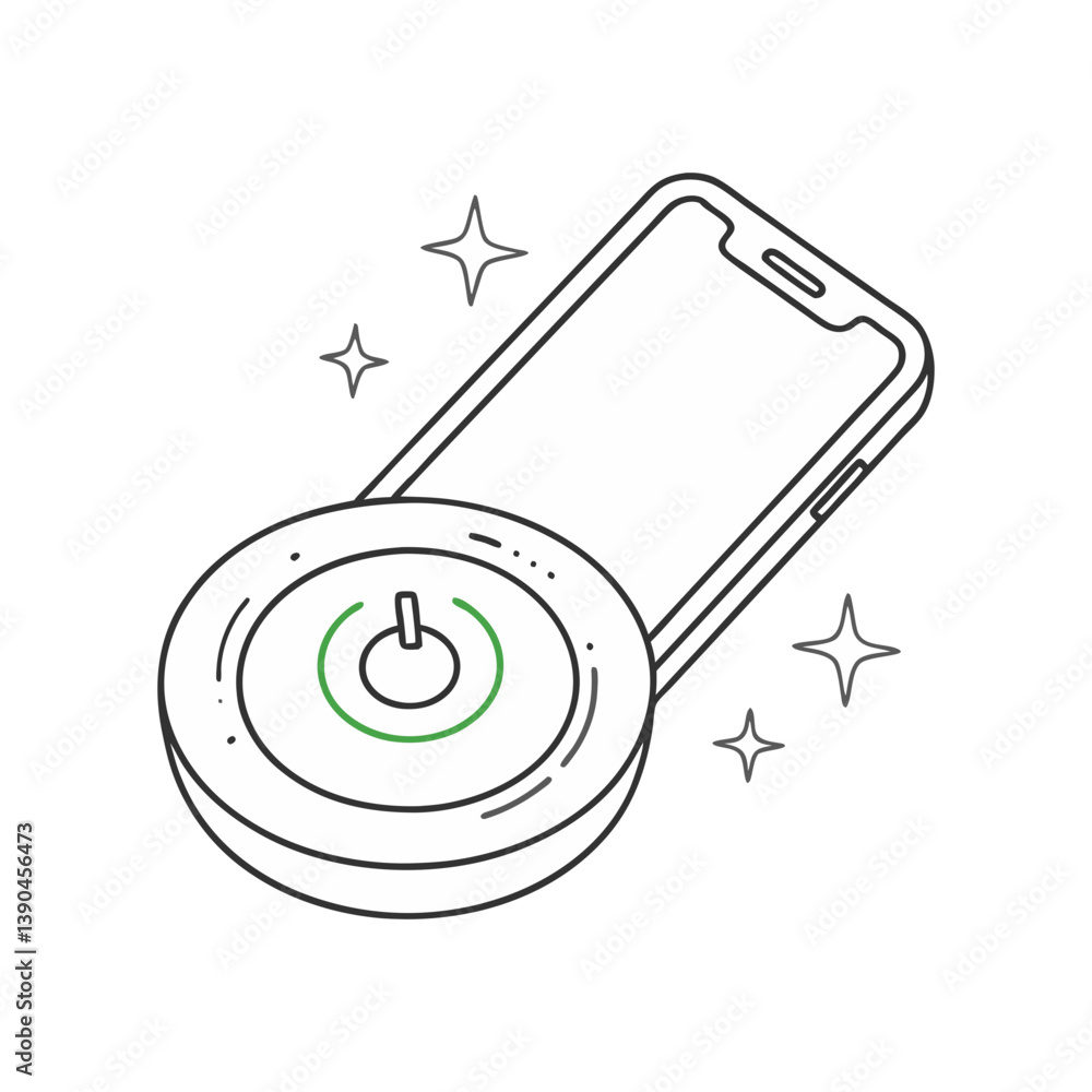 Poster minimal vector illustration of a smartphone on a wireless charging pad with sparkles, symbolizing mo