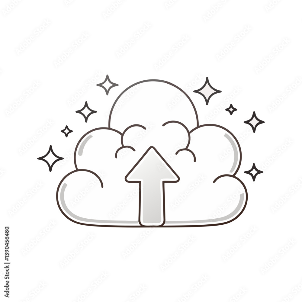 Poster minimal vector illustration of a cloud upload icon with sparkles, representing cloud storage, data t