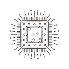 Minimal vector illustration of a microchip with geometric accents, representing technology, computing power, and digital innovation.