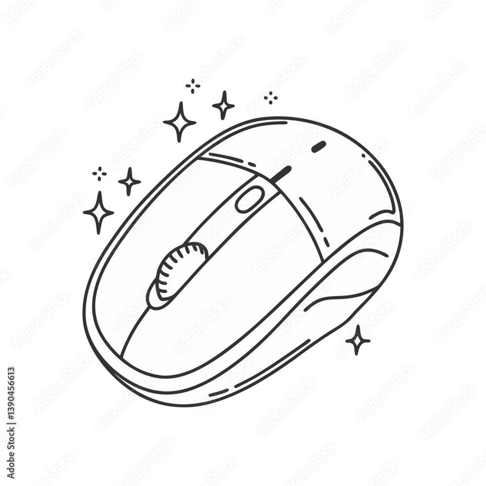 Poster minimal vector illustration of a sleek computer mouse with sparkles, ideal for tech, productivity, a