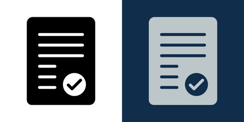 Document approval icon. Contract paper with check mark symbol. Legal form validation, confirmed report or signed file icon in flat black and blue style for business, office and corporate use.