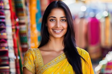 A smiling woman in a vibrant yellow sari stands in a colorful market. Traditional attire highlights the cultural fashion of India.