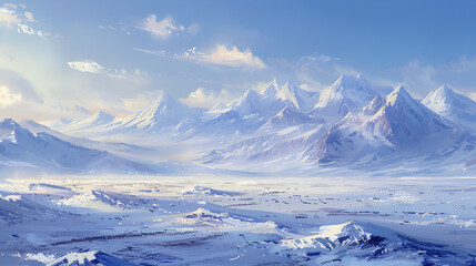 Obraz premium A scenic vista of snow covered mountains under a bright sky with scattered clouds painting a winter landscape .