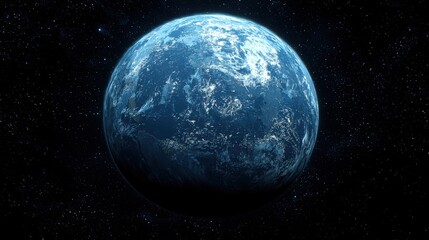 Fototapeta premium A realistic depiction of Earth suspended in space, centered and floating against a void, accentuating the planet's iconic blue hue and spherical form. The Earth dominates the frame.
