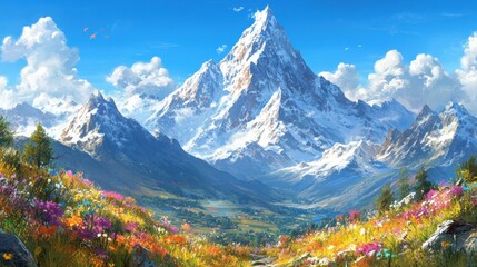 Majestic Mountain Landscape with Colorful Flowers and Clear Sky