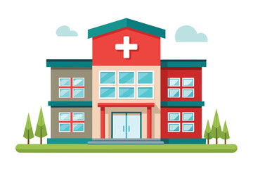A vibrant healthcare building features large windows, a red cross symbol, and landscaped greenery, emphasizing its role in providing medical services and community support.