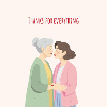 Elderly Mother with Adult Daughter. Mother and Daughter Embracing with Love. Vector illustration. Banner, Greeting card.