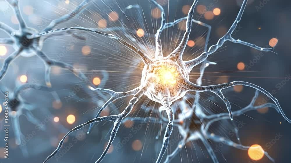 Poster neural nexus: a mesmerizing close-up showcases a neuron firing, a vivid depiction of the complex and