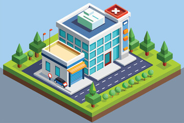 This modern hospital features a pharmacy, parking area, and is surrounded by greenery, illustrating a vibrant healthcare facility in a stylized isometric view.