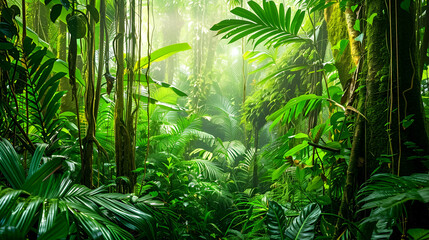 Lush green rainforest canopy with dense vegetation and bright sunlight filtering through trees .