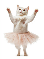 happy cat ballet dance , stand up by two legs and funny dance , smile, realistic pose, full body, natural light, full hd 8K, white isolated background, hyperrealistic photography