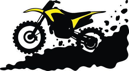 Obraz premium A gritty illustration of a yellow and black dirt bike in motion, with a textured effect showing a cloud of dust and debris trailing behind it