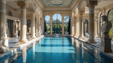 Fototapeta premium Luxurious indoor swimming pool in an elegant mansion with classical architecture, sculptures, and natural light ambiance