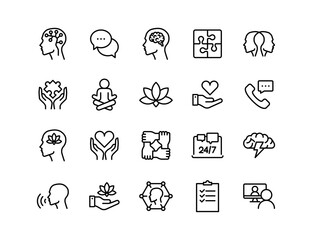 Mental Health & Therapy Vector Icon Set | Adjustable Line Weight | Brain, speech bubble, puzzle, conversation, meditation, lotus, support, call, empathy, 24/7, cloud thinking, checklist icons