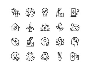 Alternative Energy Vector Icon Set | Adjustable Line Weight | Solar panel, globe, eco house, wind turbine, recycling, electric vehicle, factory, nuclear, geothermal, hydroelectric, innovation