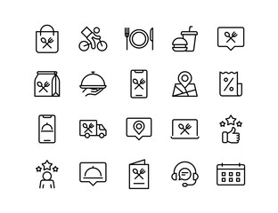 Food Delivery Vector Icon Set | Adjustable Line Weight | Shopping bag, bicycle delivery, dining, takeaway, menu, location, discount, mobile app, van, review, support icons