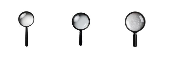Magnifying glass collection displaying different angles and light reflections for close inspection